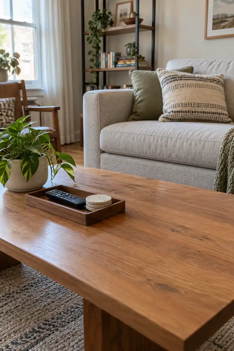 Small wood tray holding remote and coaster on apartment coffee table with most surface clear