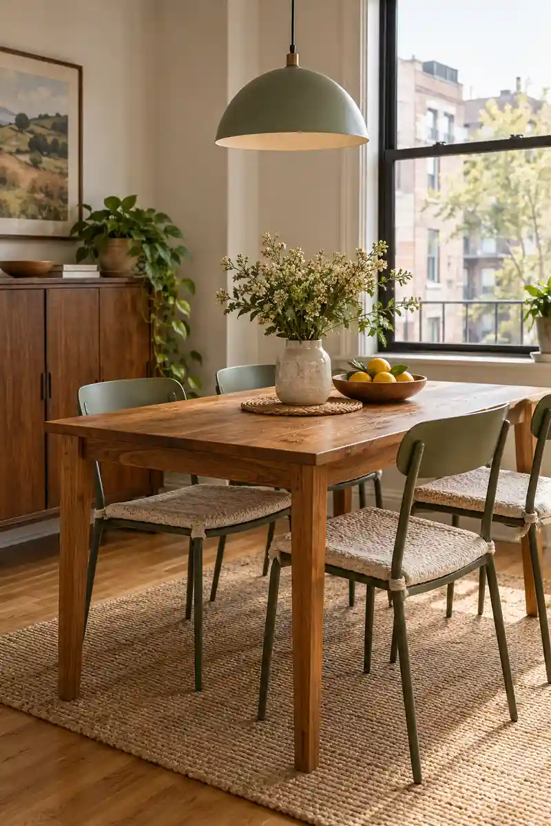 Apartment dining nook combining warm wood table, painted metal chair frames and woven cotton seat pads