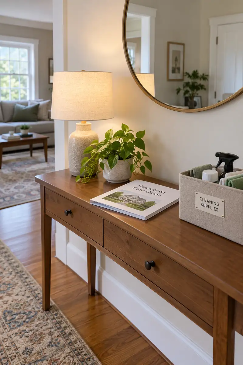 Tidy apartment console with household care booklet and small labeled supply box, clean lamp and sound furniture
