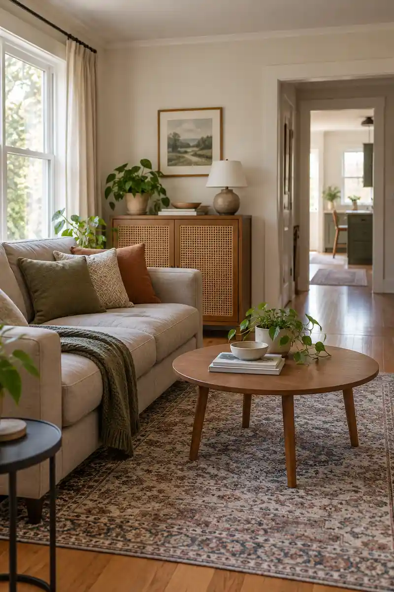 Functional apartment living room with easy access to side table, storage cabinet and clear walking route