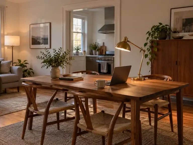 Functional stylish apartment with warm wood dining work table, closed storage cabinet, comfortable chair and separate task and ambient lamps