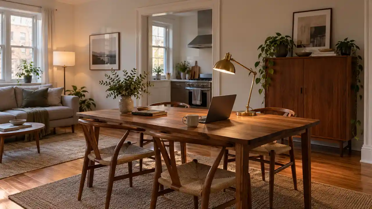 Functional stylish apartment with warm wood dining work table, closed storage cabinet, comfortable chair and separate task and ambient lamps