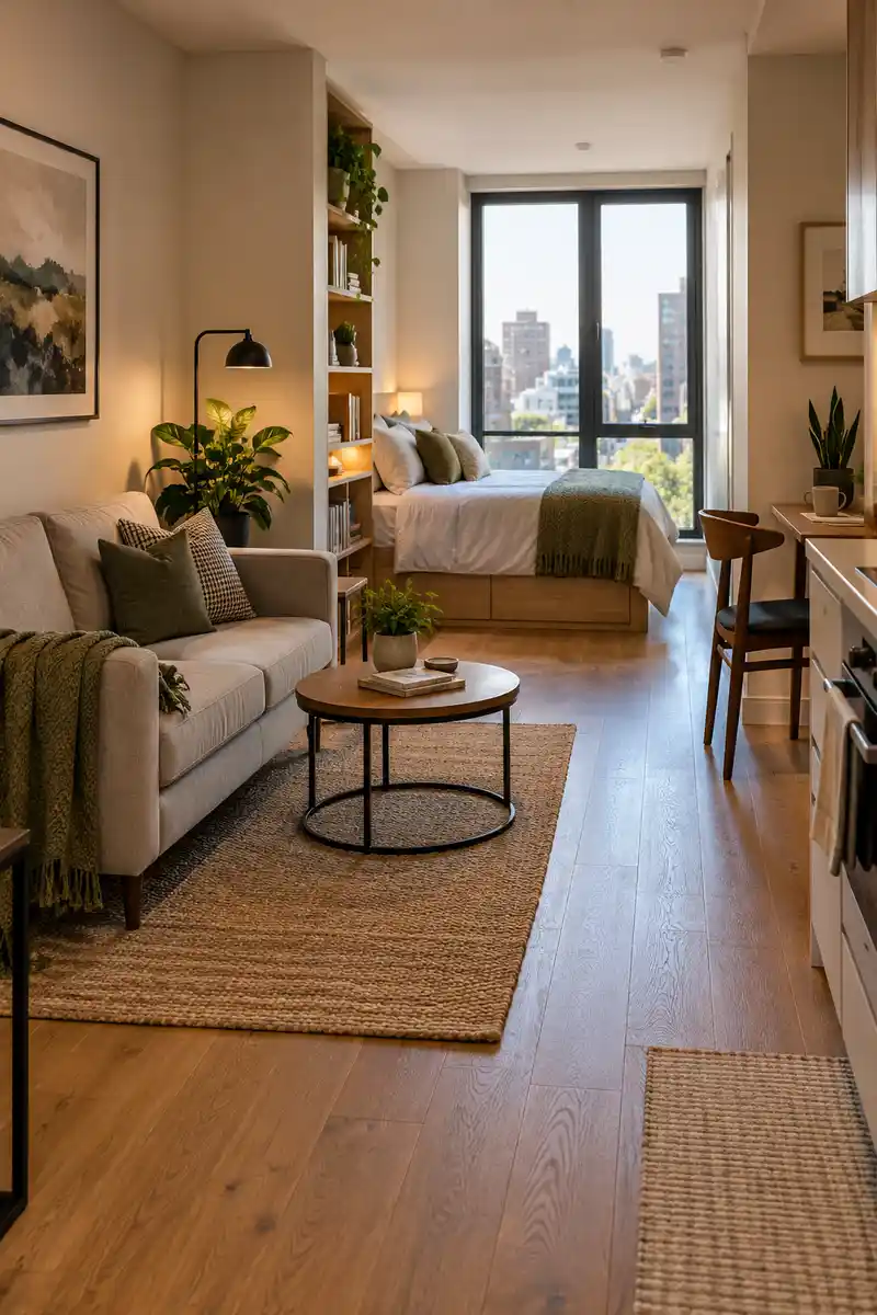 Small bachelor studio with carefully spaced compact sofa, bed nook and clear central circulation route