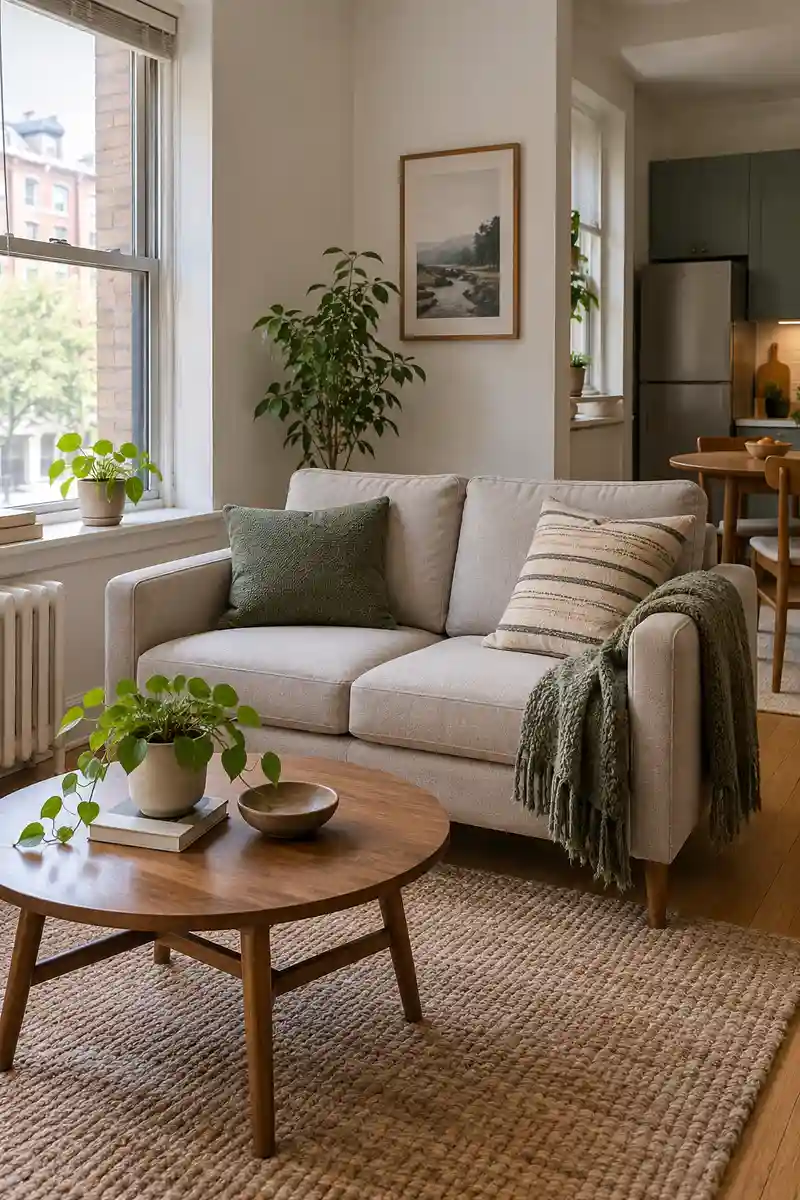 Compact two seat sofa with slim upholstered arms in small studio apartment