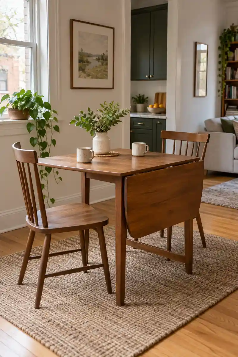 Small apartment drop leaf dining table with one leaf raised and one folded, two chairs and clear surrounding space