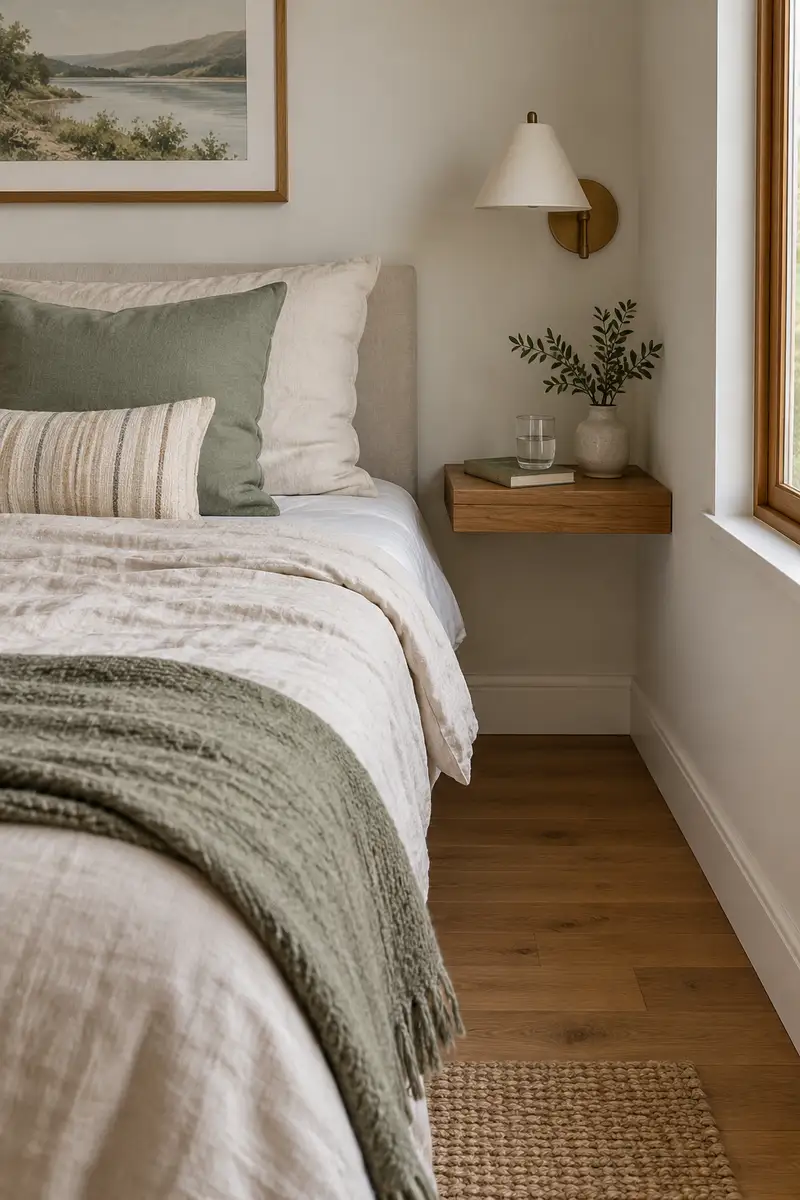 Compact bed nook with shallow wall mounted bedside ledge, book and small glass, clear floor below