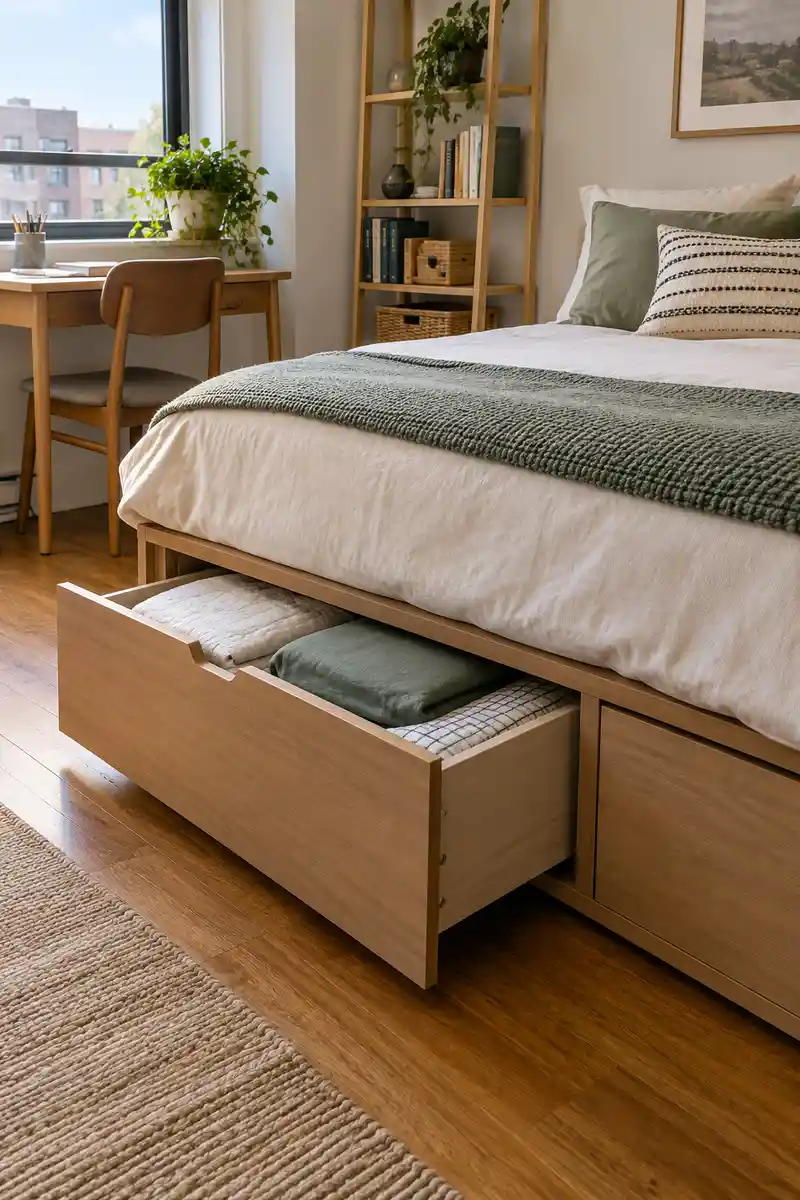 Small studio bed with one neatly organized underbed drawer partly open, spare folded bedding inside