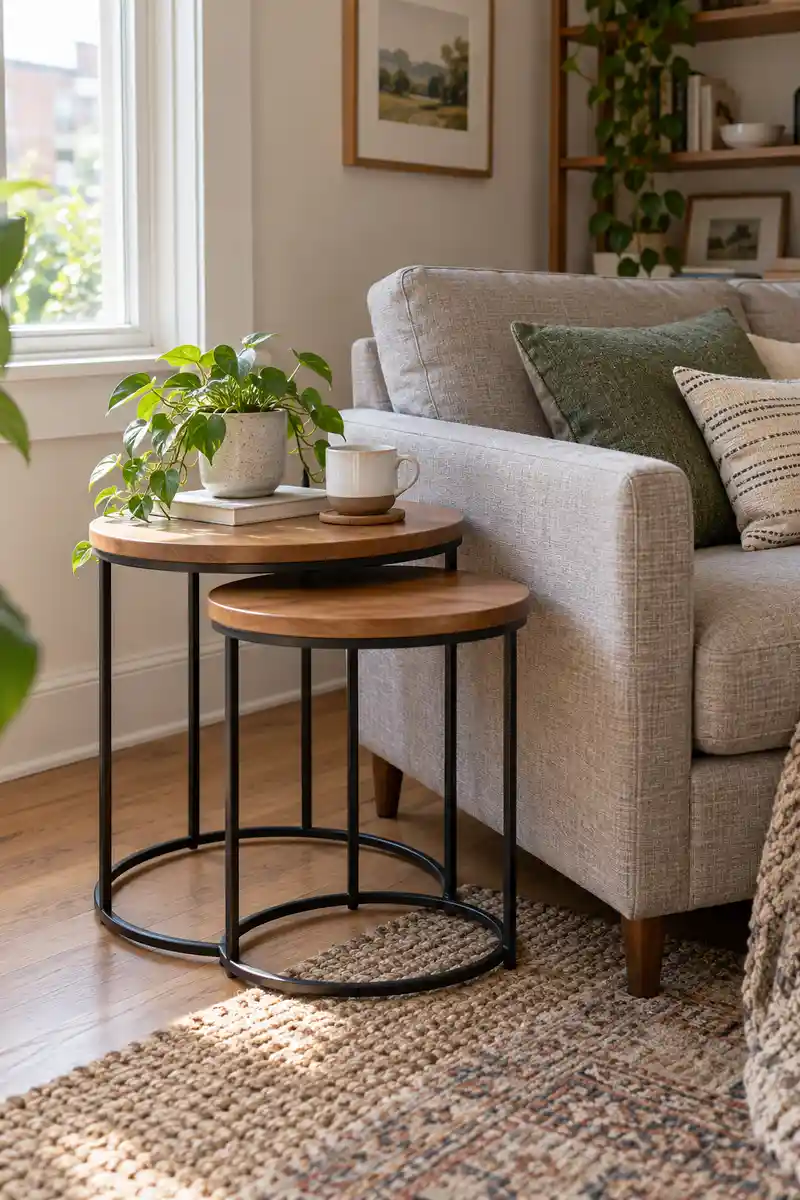 Pair of simple nesting side tables beside slim apartment sofa, smaller table partly tucked underneath