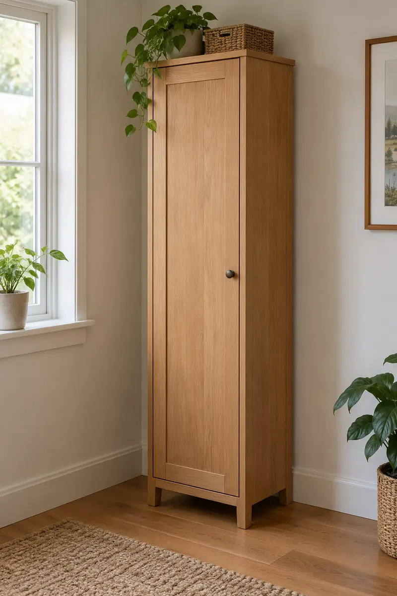 Tall narrow closed storage cabinet in small apartment, simple surrounding wall and uncluttered floor