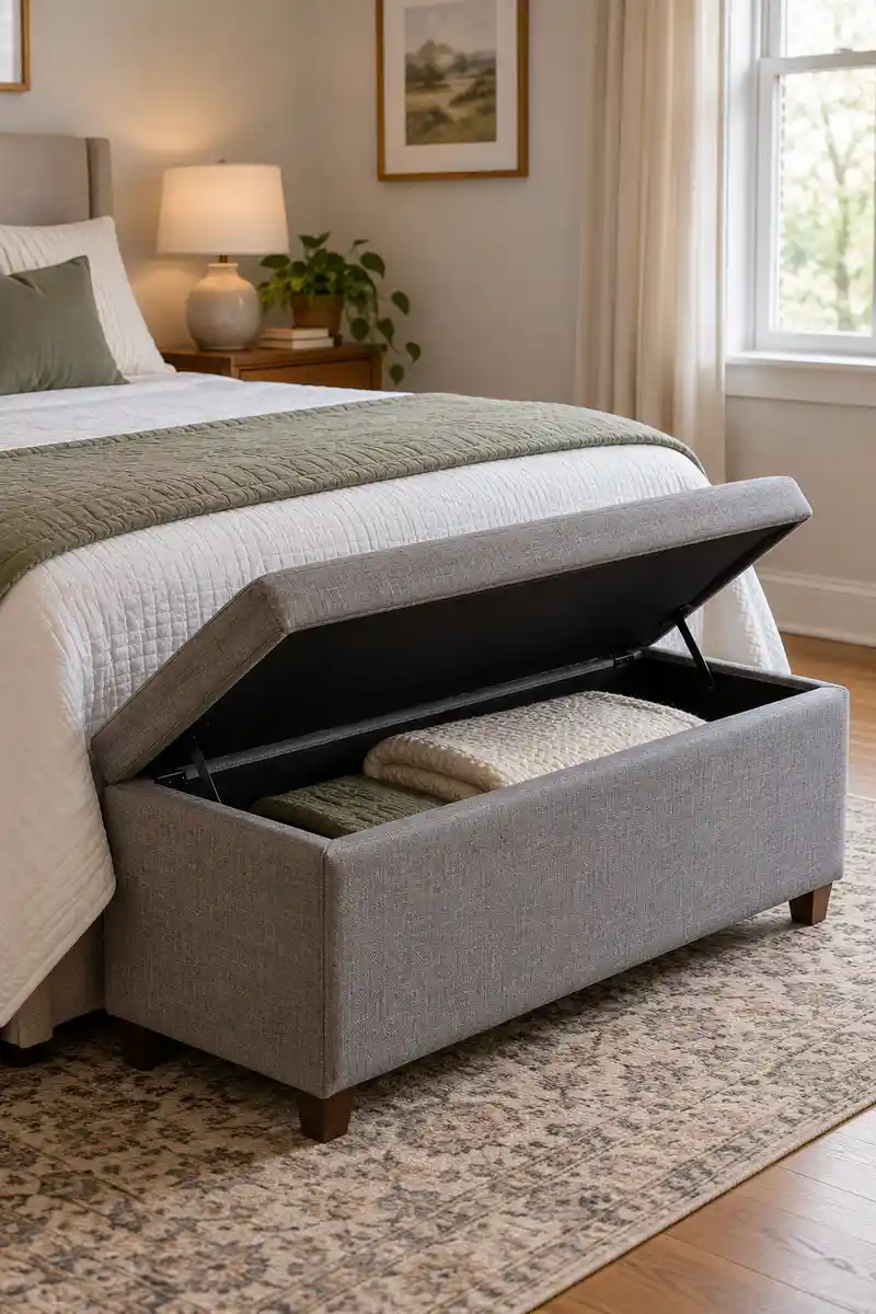 Compact upholstered storage bench at foot of bed with open lid showing folded spare blanket