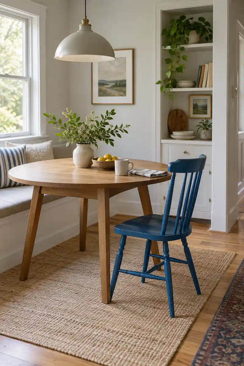 Small studio dining corner with one distinctive blue painted wood chair and simple neutral table
