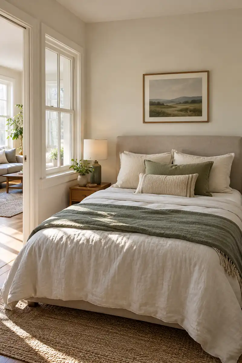 Small studio bed nook with simple upholstered headboard and single framed picture, daylight entering open room
