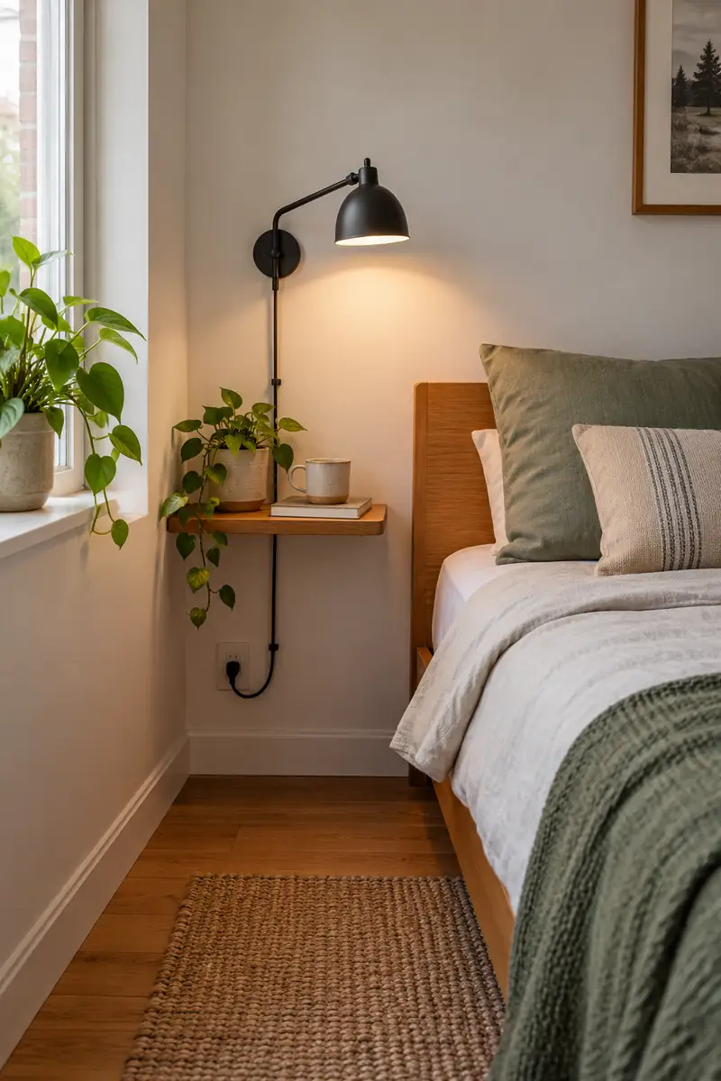 Small apartment bed with wall reading lamp above narrow bedside shelf, tidy cable route and clear floor