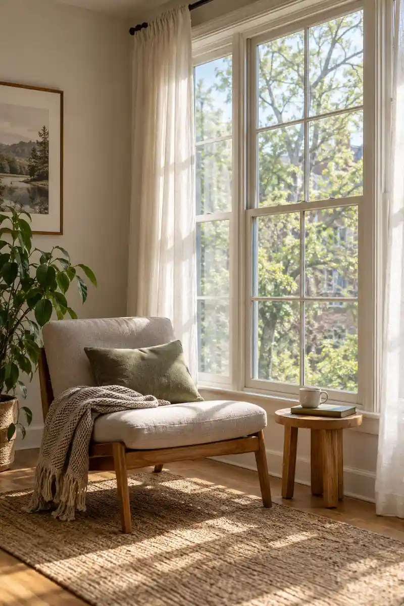 Small studio window wall with simple curtains and low chair beside glass, no tall furniture blocking light
