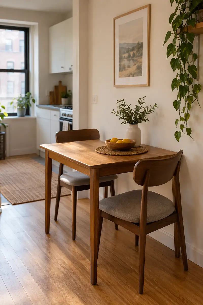 Compact apartment dining table with one side against wall, two chairs on accessible sides and open floor