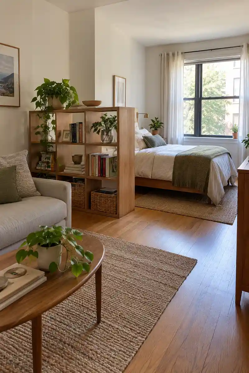 Small studio with low open shelf divider beside bed, daylight passing through and clear route around