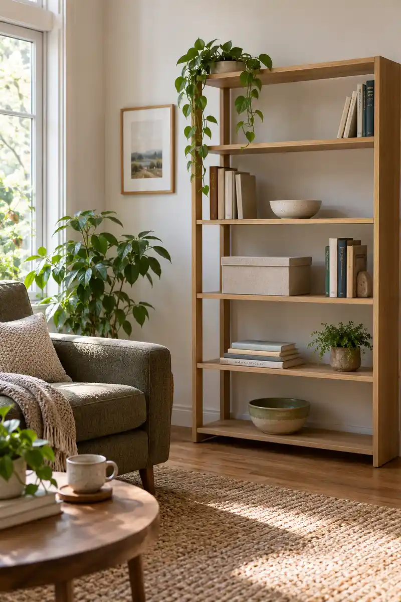 Small studio open bookshelf with spaced books, one plain storage box and ceramic bowl, generous shelf gaps