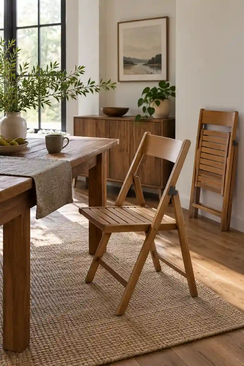 Simple attractive wood folding chair opened beside studio dining table, second folded chair stored neatly nearby