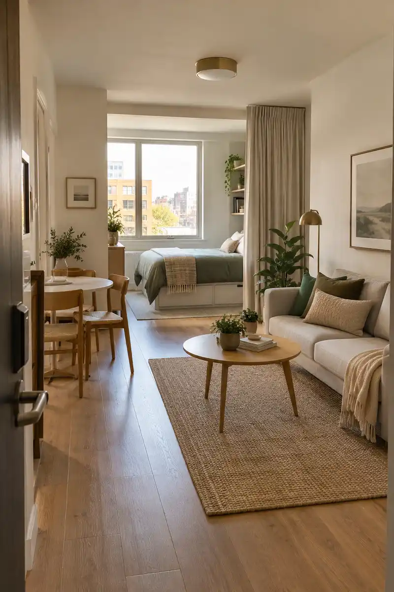Entrance view of compact bachelor studio with open center, slim sofa, small dining table and distinct bed nook