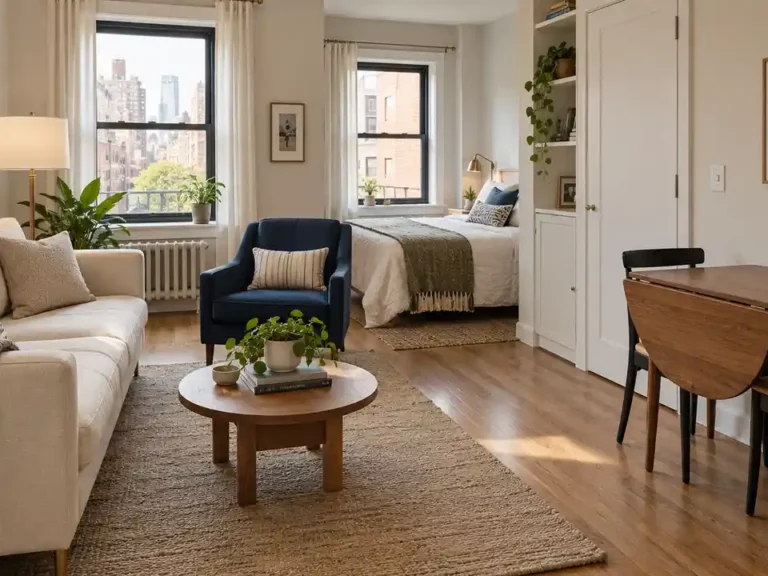 Small bachelor studio with slim cream sofa, compact drop leaf table, blue accent chair, tidy bed nook and generous clear central floor