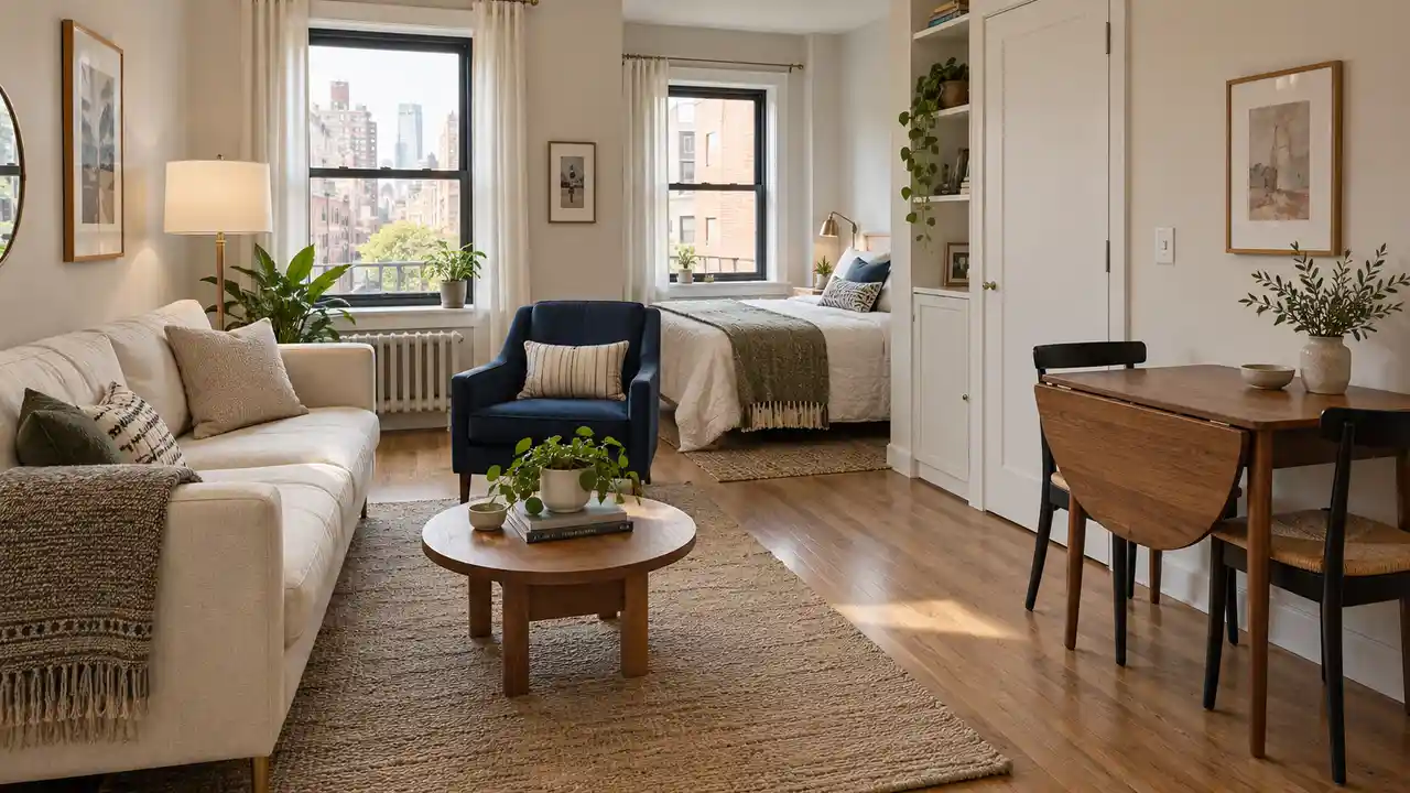 Small bachelor studio with slim cream sofa, compact drop leaf table, blue accent chair, tidy bed nook and generous clear central floor