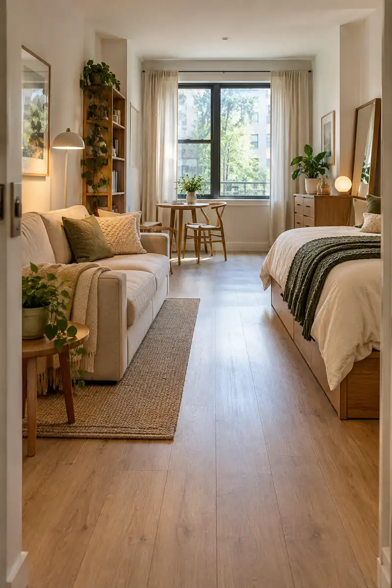 A clear central walkway between a cream sofa and neatly made bed leads to a bright studio window.