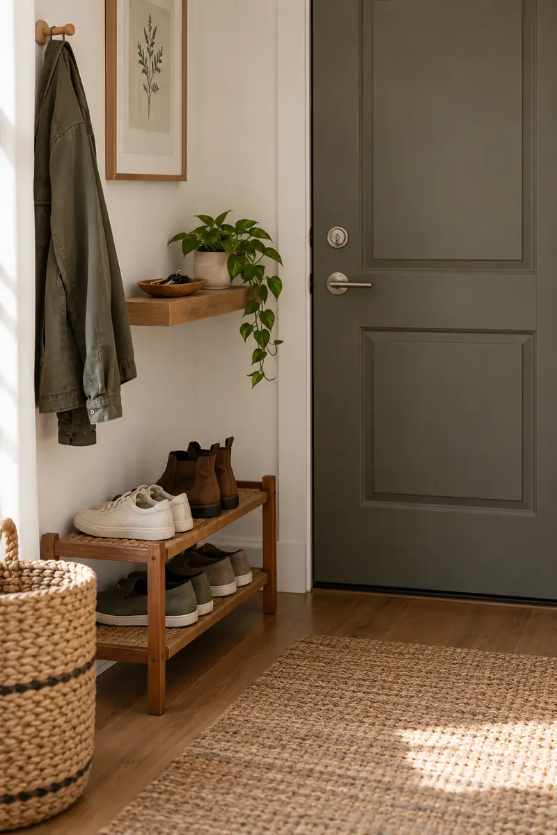An apartment entry with a key shelf, jacket hook, and low shoe rack beside an unobstructed gray door.