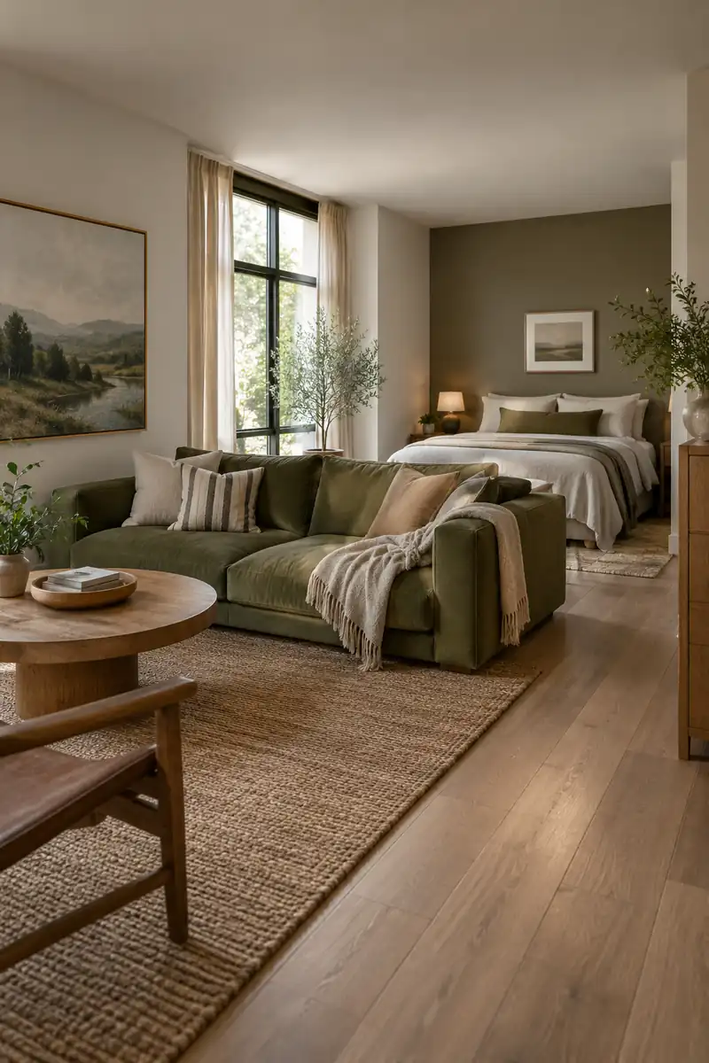 An olive sofa faces a round coffee table with the bed behind it and a clear passage at the side.