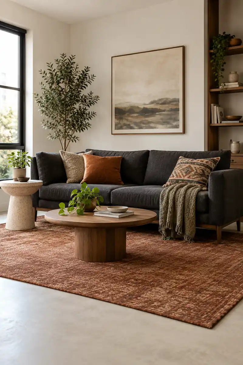 A charcoal sofa and wooden coffee table sit on a muted rust rug surrounded by pale flooring.