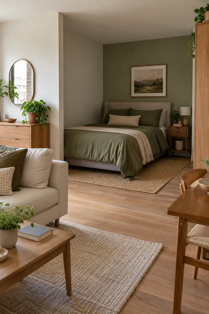 An olive-covered bed sits in a recessed sleeping corner beyond the studio living area.