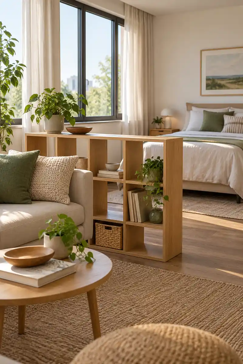 An open oak cubby unit separates a cream sofa from a bed while letting daylight through.