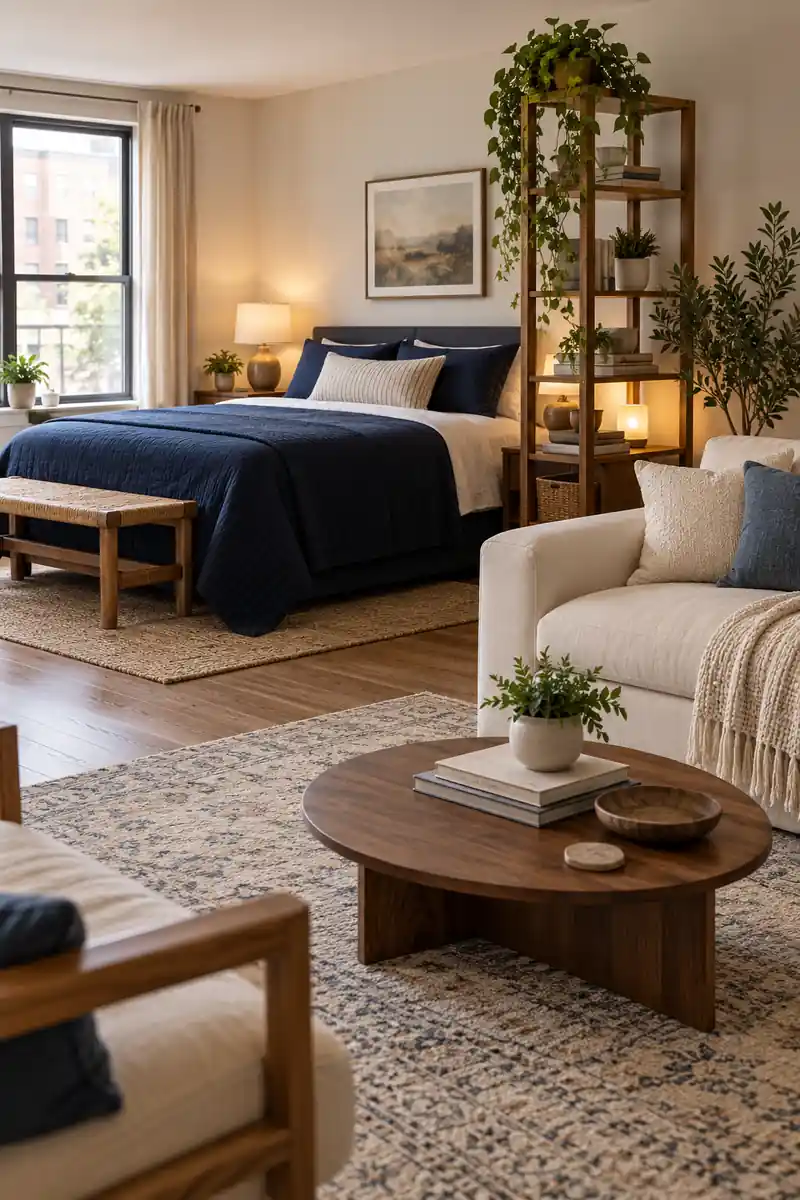 Navy bedding defines a sleeping zone beside a cream sofa and wooden coffee table.