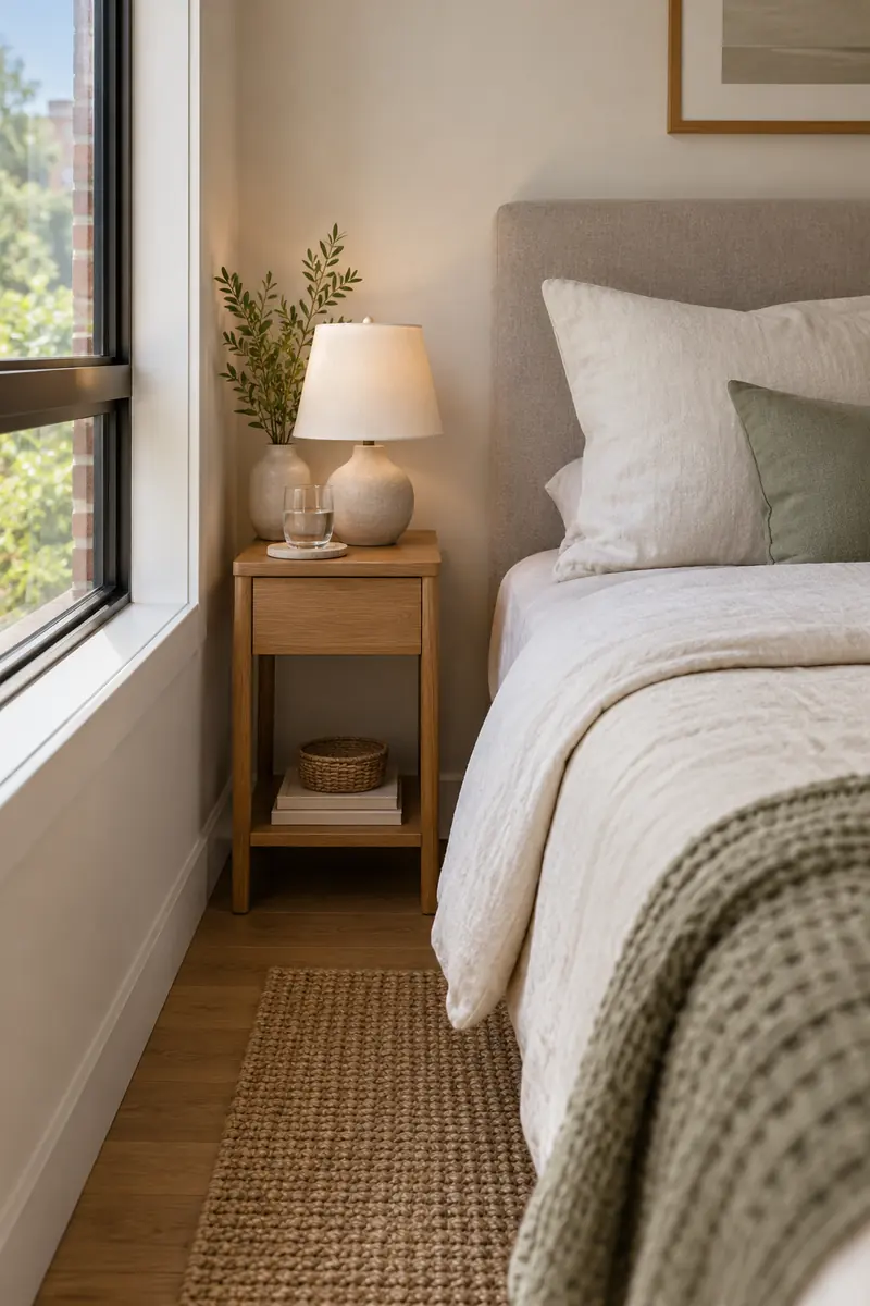 A narrow oak bedside table holds a lamp and water glass beside a pale linen bed.