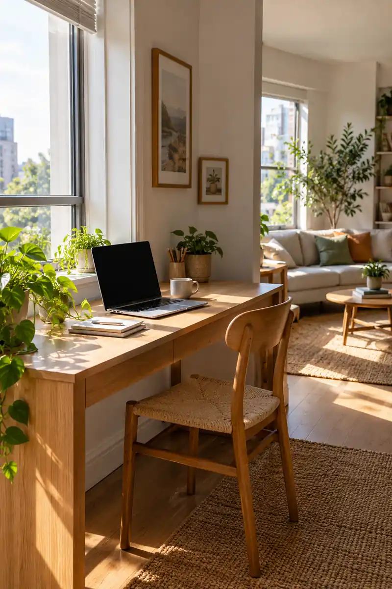 A wooden desk beneath a bright window holds an open laptop, with the studio living area beyond.