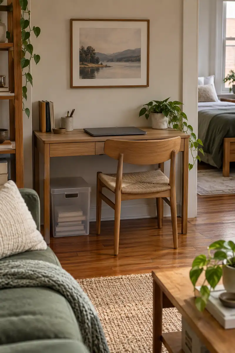 A closed laptop sits on a tidy oak desk with a translucent storage box underneath.