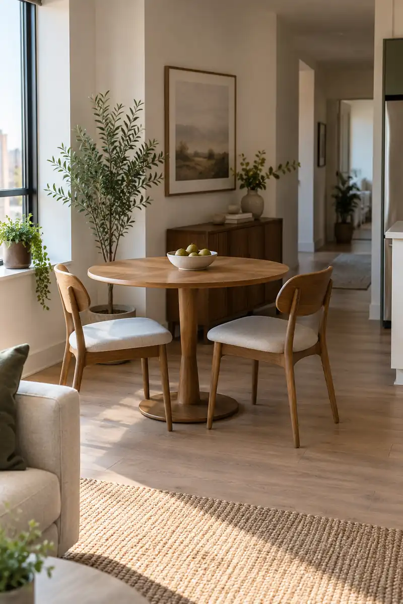 A round wooden dining table with two chairs occupies a bright corner beside the living area.