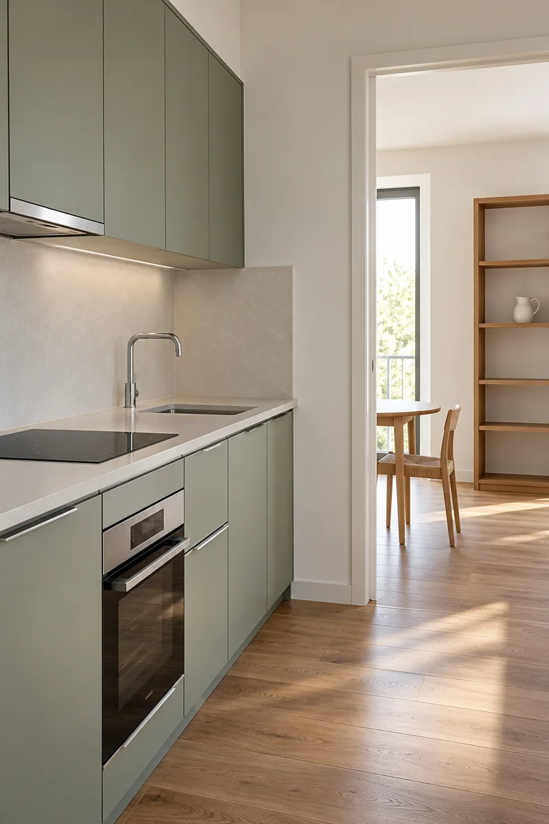 A compact kitchenette with a ceramic pitcher displayed on a separate dining shelf.