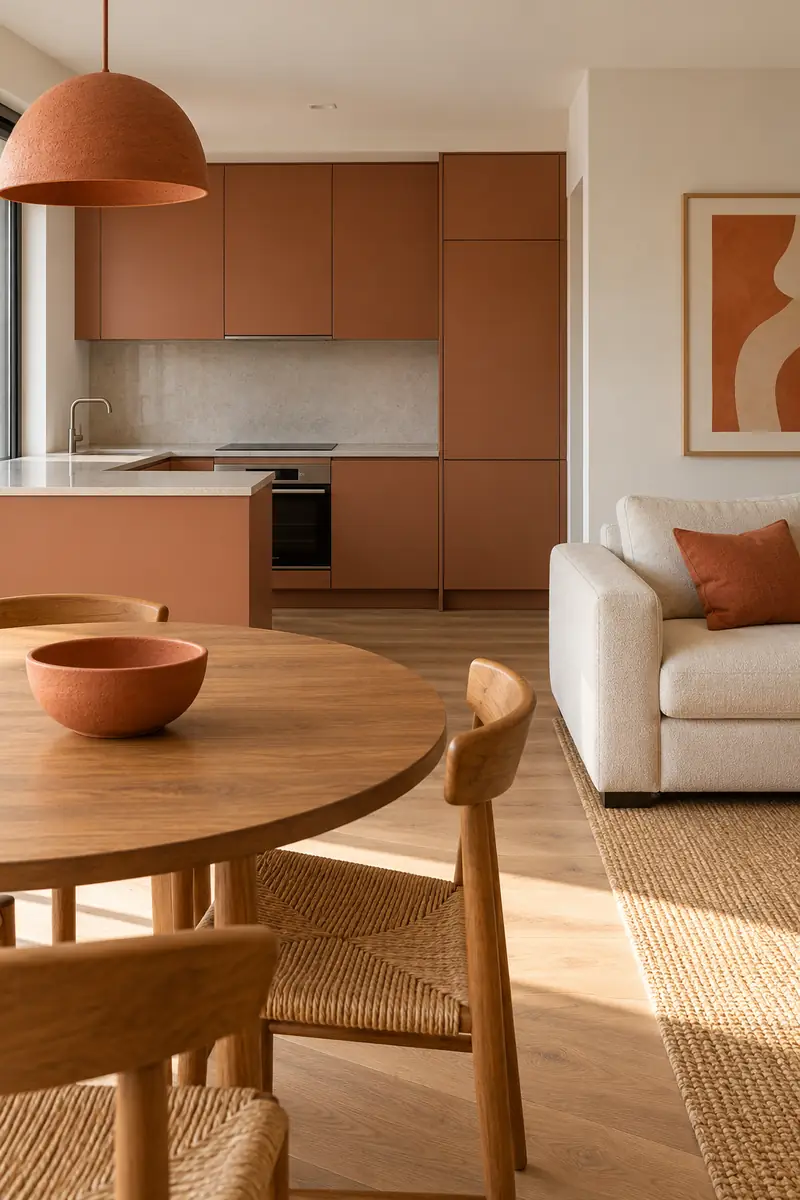 Terracotta accents on a dining table and sofa connect the kitchenette and living area.