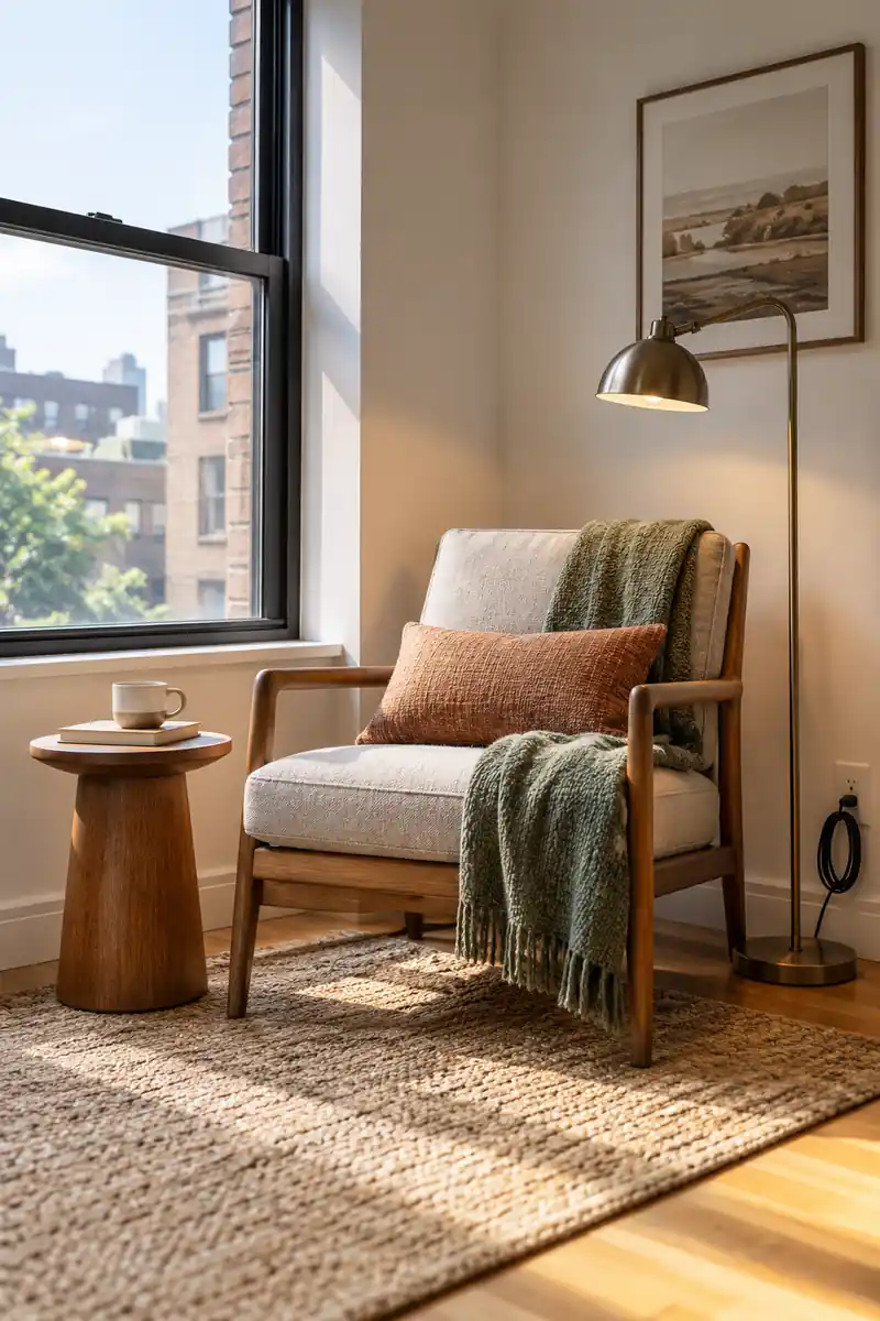 A cushioned wooden reading chair sits beside a small table and floor lamp at a studio window.