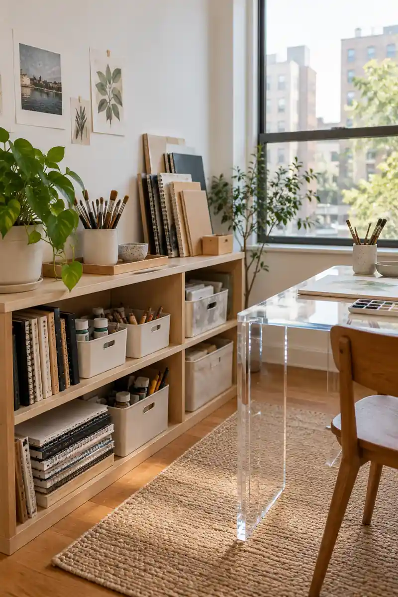 Art supplies and sketchbooks fill organized low cubbies beside a clear acrylic worktable.
