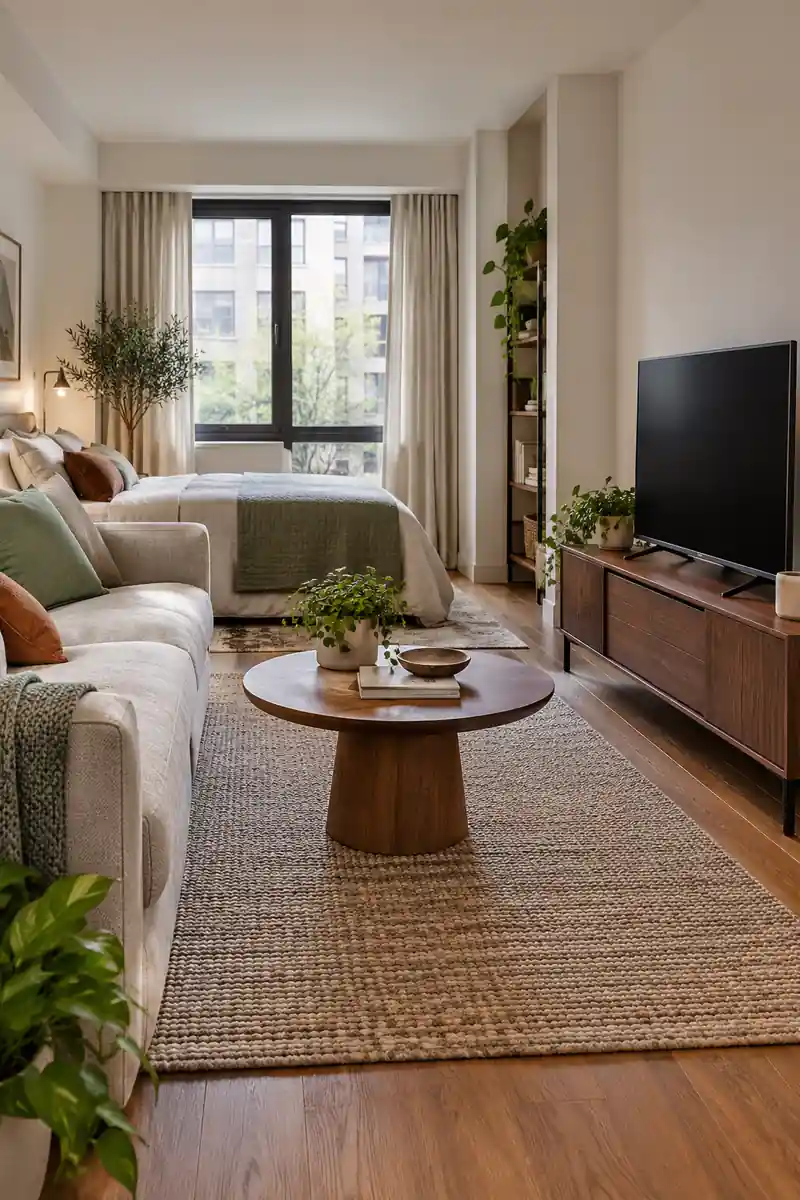 A television on a low wooden console faces the sofa in a studio with a bed beyond.