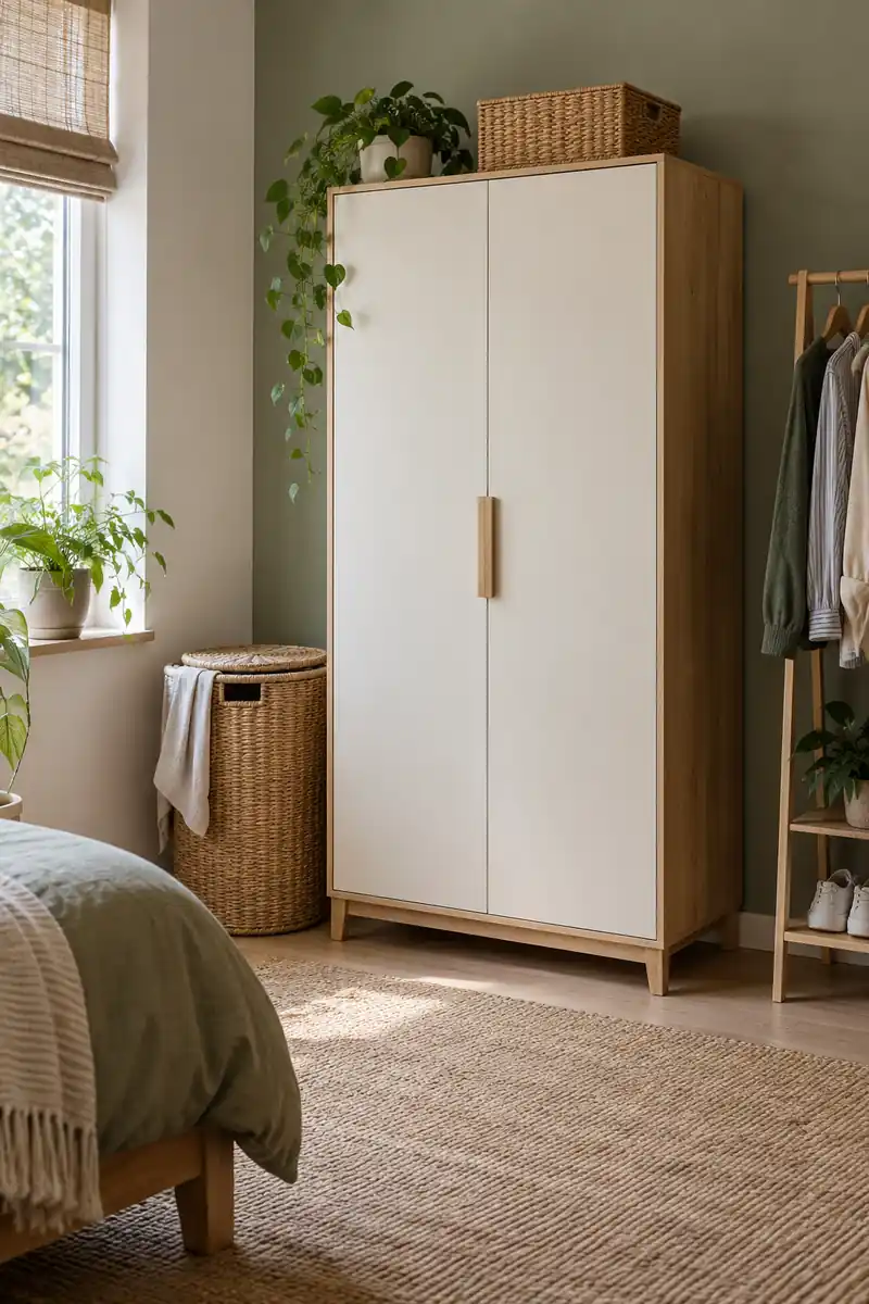 A closed wardrobe, laundry hamper, and narrow clothes rack form a clothing area with clear floor space.
