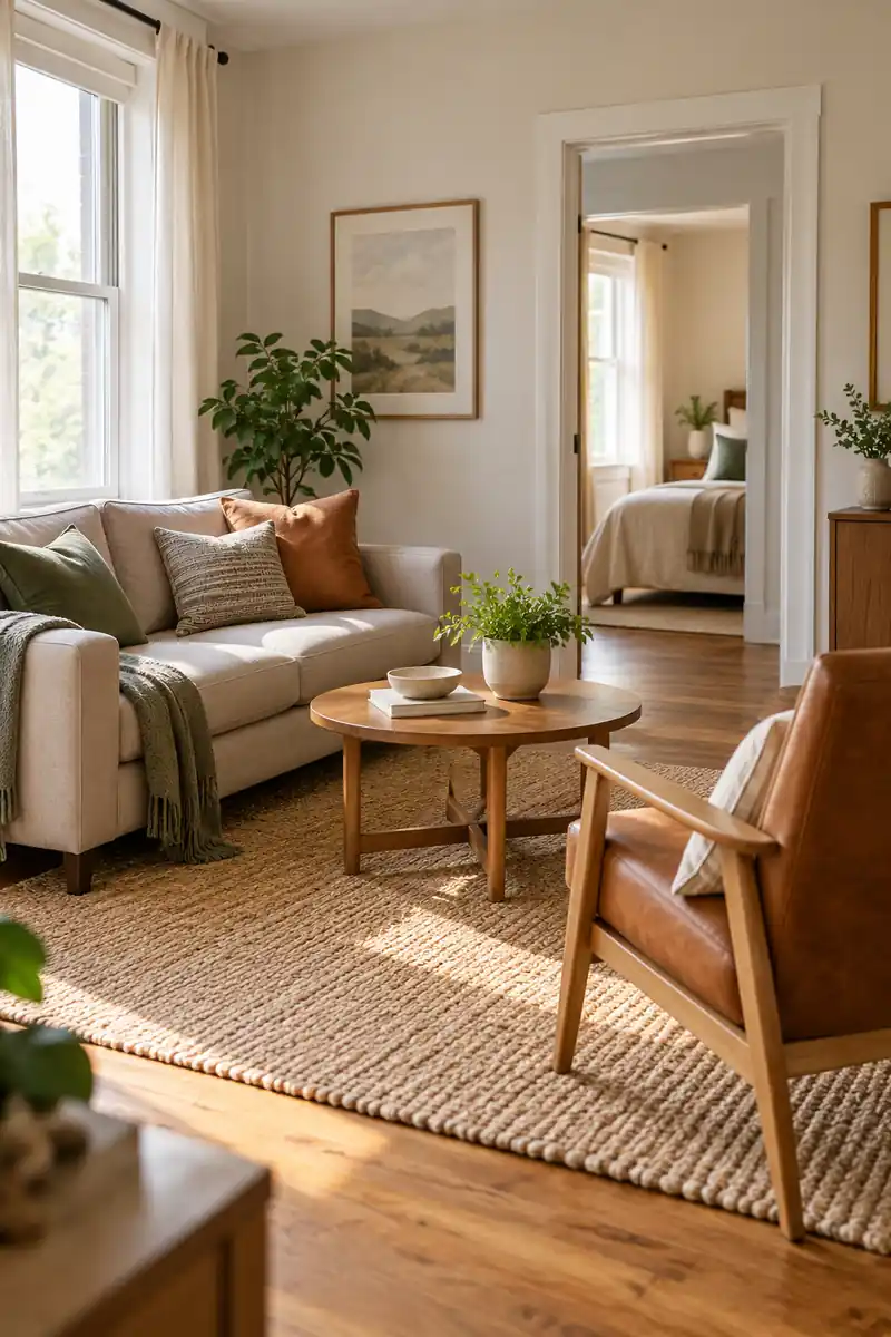 A cream sofa and wooden accent chair face a small round coffee table with a clear passage beyond.