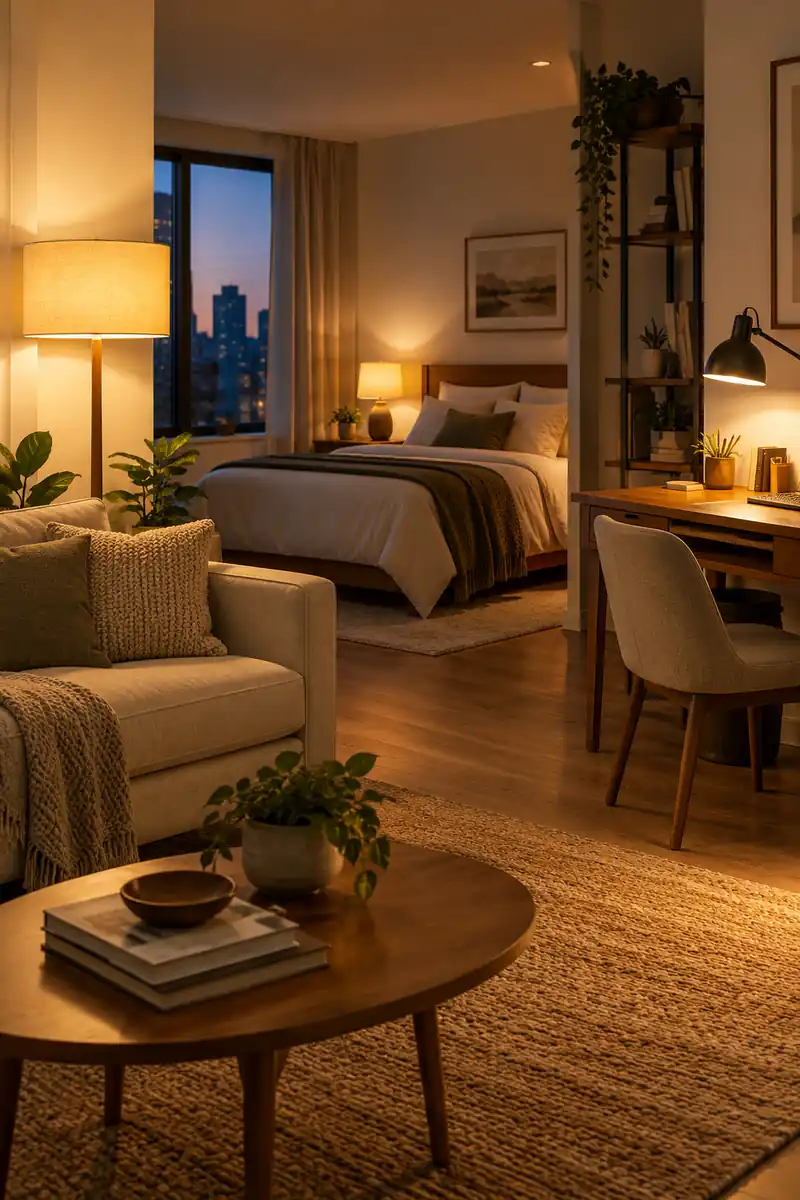 Separate lamps illuminate a studio sofa, desk, and bedside area at dusk.