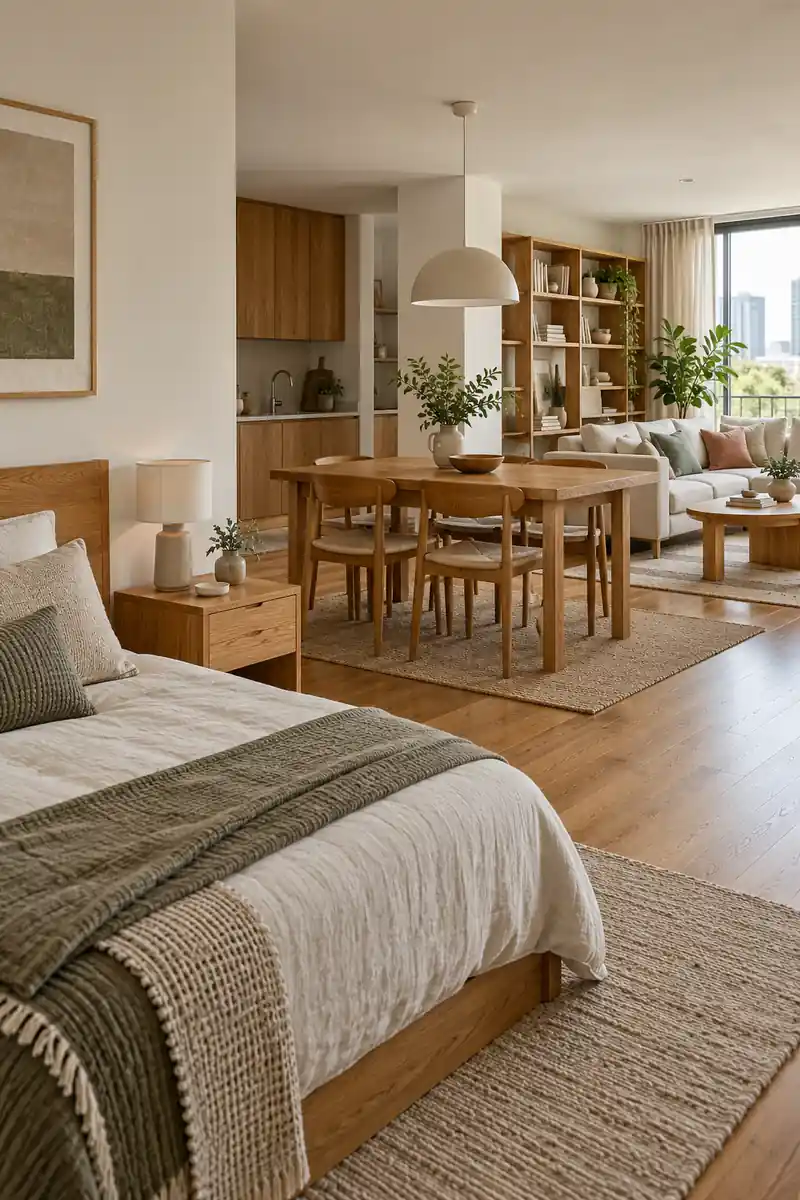Oak bedside furniture, a dining table, and living room shelving repeat one finish across a studio.