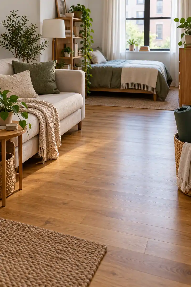 An open patch of wooden floor beside a sofa leaves flexible space, with a rolled yoga mat in a basket.