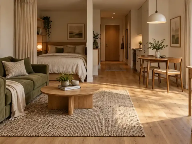 A sunlit studio with an olive sofa, separate sleeping alcove, wooden dining table, and desk beside the window.