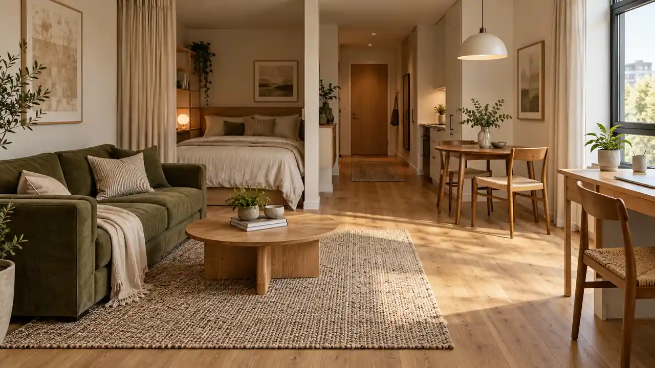A sunlit studio with an olive sofa, separate sleeping alcove, wooden dining table, and desk beside the window.