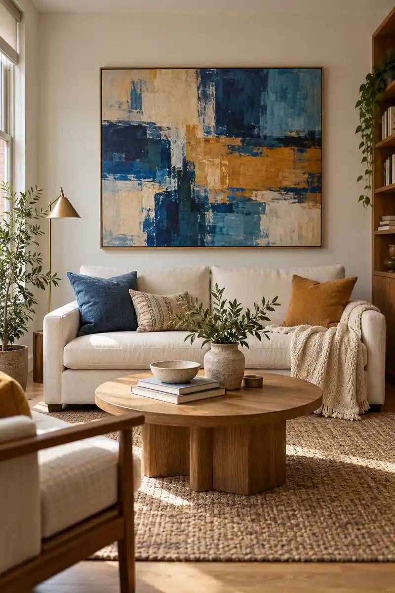 A blue and ocher abstract painting anchors a cream sofa and round wooden coffee table.
