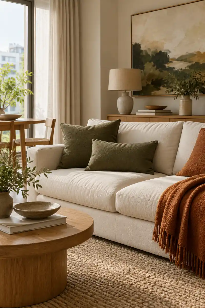 Olive cushions and a rust throw add a restrained color palette to a cream sofa.